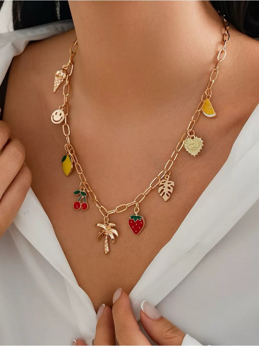 Gold Tone Tropical Charm Necklace with Fruit & Palm Charms